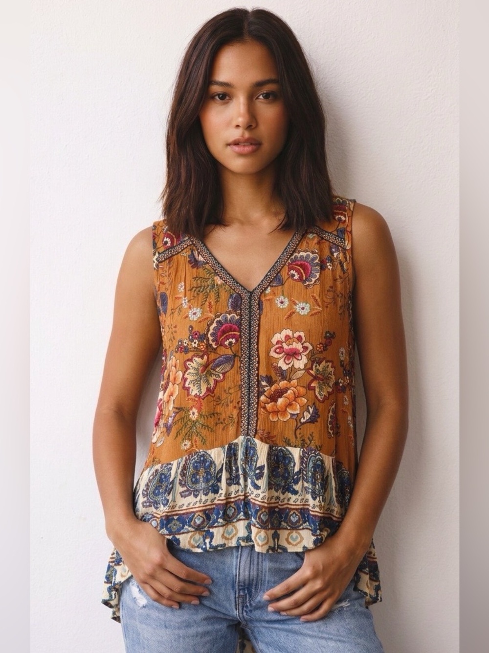 ☮️ Patrons of Peace- Boho Embroidered Floral High-Low Tank Top